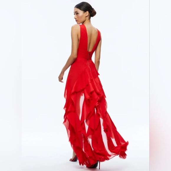 NWOT ALICE + OLIVIA Holly Low Neck Asymmetric Maxi Ruffle Dress Red Sz 6 - Picture 4 of 8
